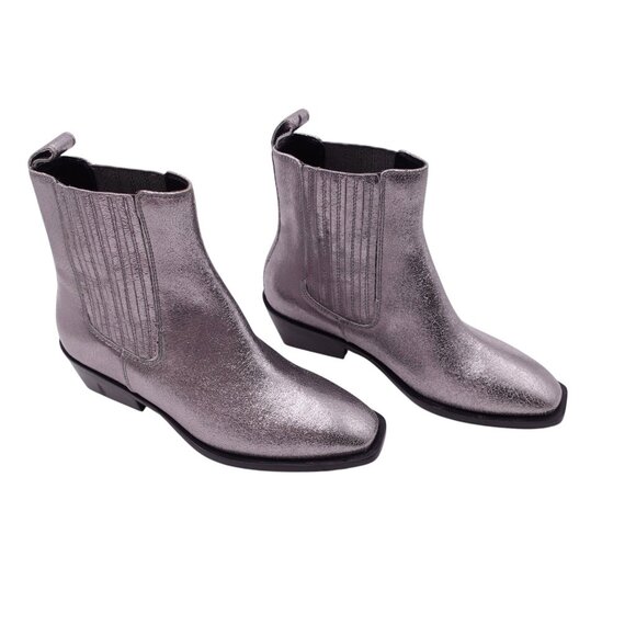 LN Seychelles Women's Metallic Hold Me Down Ankle Boots Sz 6 Silver Square Toe - Picture 1 of 9